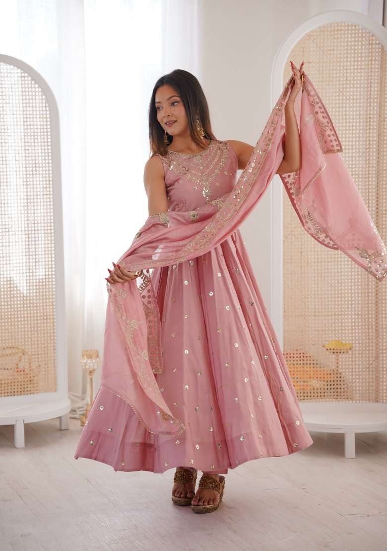 Pink Embroidered Silk Anarkali Set - Indya