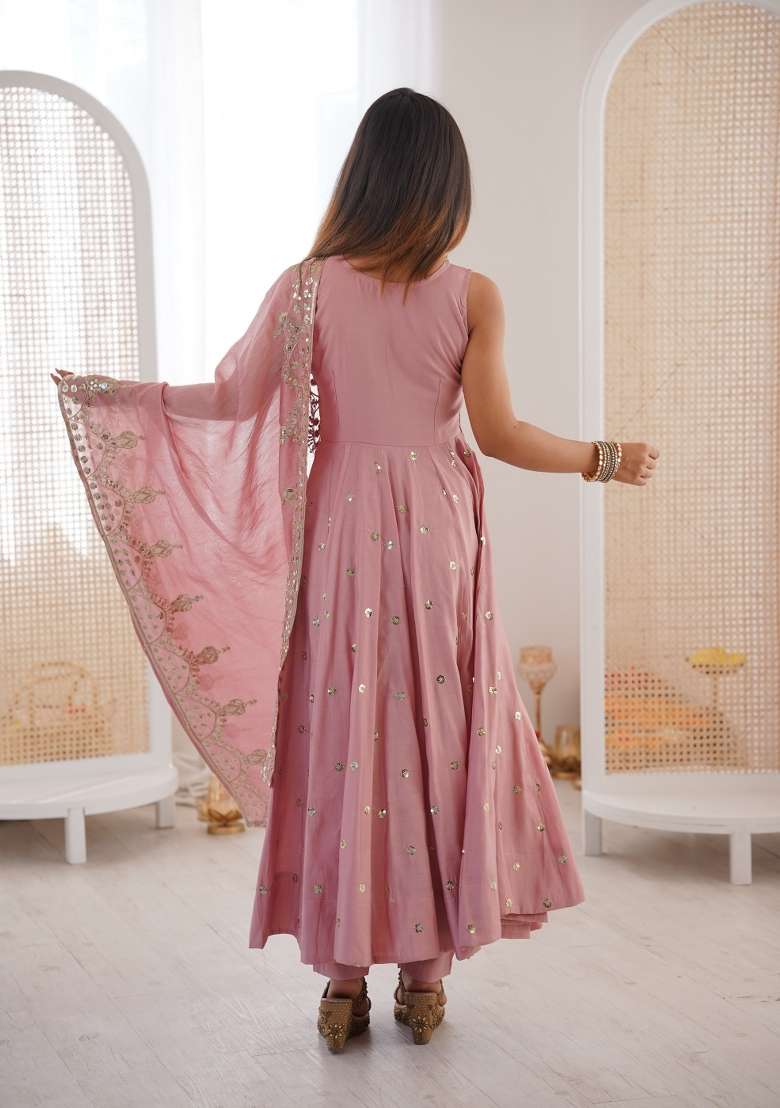 Pink Embroidered Silk Anarkali Set - Indya