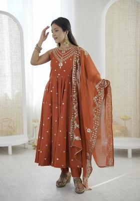 Orange Embroidered Silk Anarkali Set