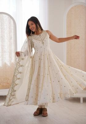 White Embroidered Silk Anarkali Set