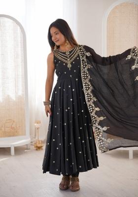 Black Embroidered Silk Anarkali Set