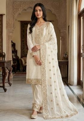 White Embroidered Silk Kurta Set