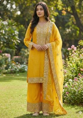 Yellow Embroidered Silk Kurta Set