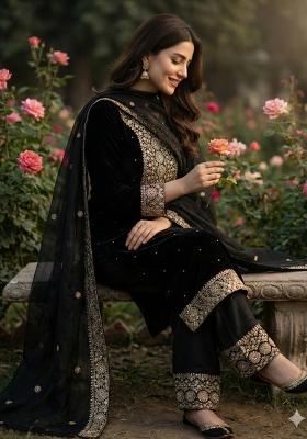 Black Embroidered Silk Kurta Set