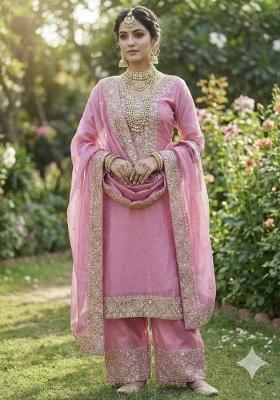 Pink Embroidered Silk Kurta Set