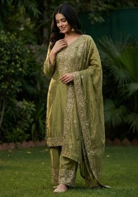 Mehendi Embroidered Silk Kurta Set