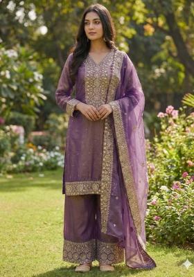 Purple Embroidered Silk Kurta Set