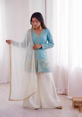 Sky Blue Embroidered Silk Kurta Set