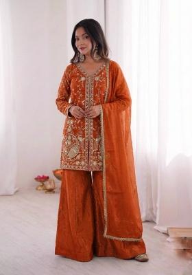Orange Embroidered Silk Kurta Set