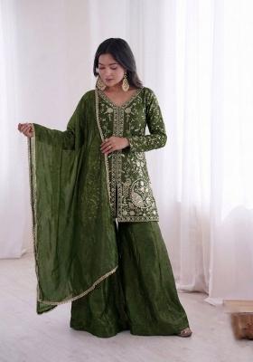 Dark Green Embroidered Silk Kurta Set