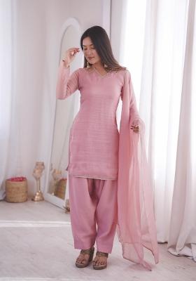 Pink Lace Work Silk Kurta Set
