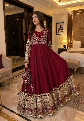 Maroon Embroidered Georgette Anarkali Set