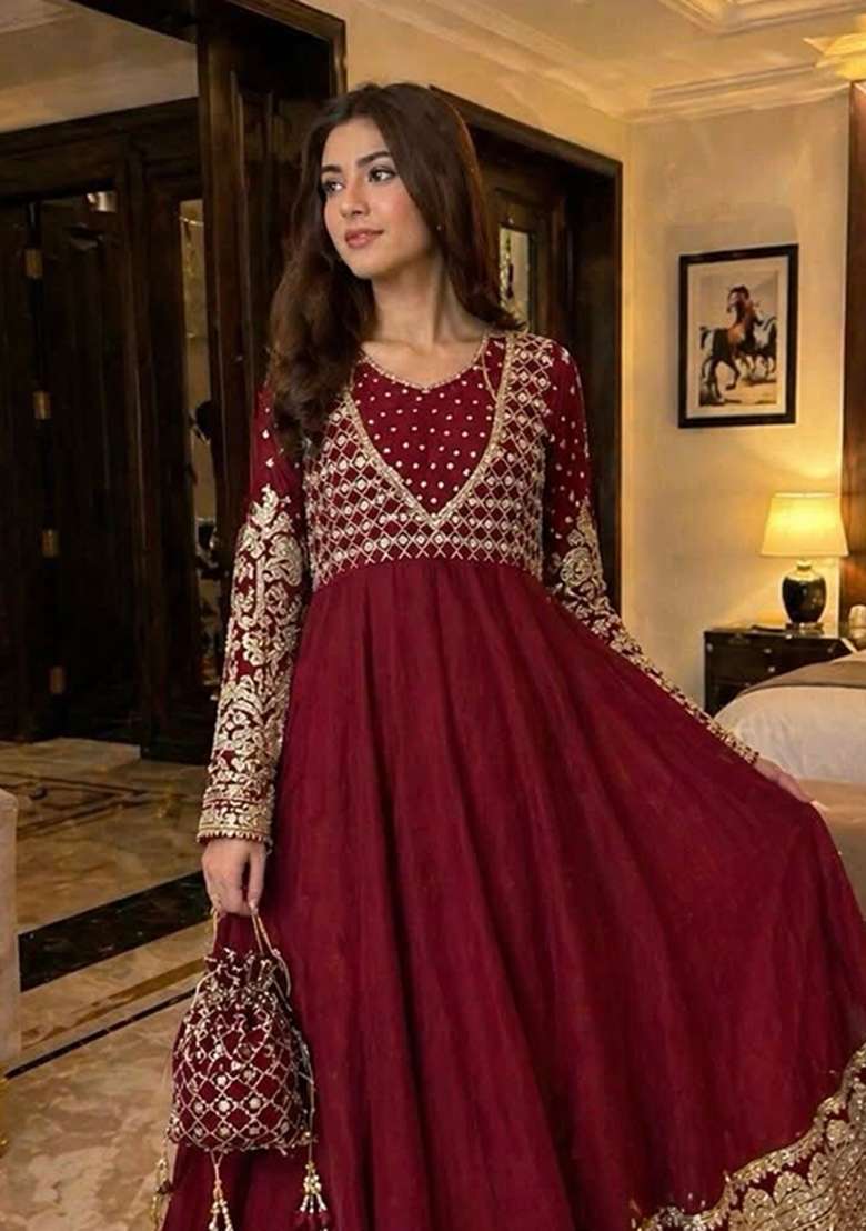 Maroon Embroidered Georgette Anarkali Set - Indya