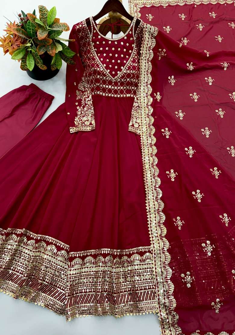 Maroon Embroidered Georgette Anarkali Set - Indya