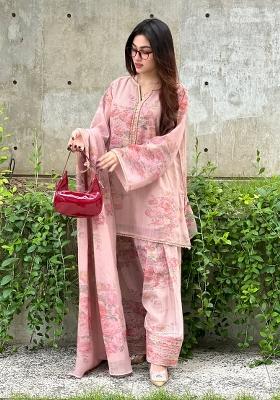Pink Floral Print Georgette Kurta Set