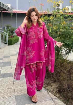 Rani Pink Floral Print Georgette Kurta Set