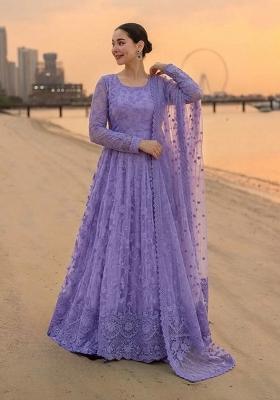 Purple Embroidered Georgette Anarkali With Dupatta