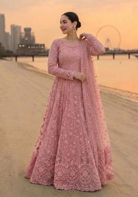 Peach Embroidered Georgette Anarkali With Dupatta