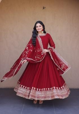 Maroon Embroidered Georgette Anarkali With Dupatta