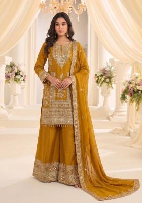 Mustard Embroidered Silk Kurta Set