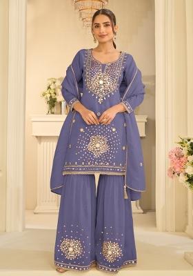 Lavender Mirror Work Silk Kurta Set