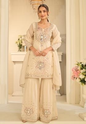 White Mirror Work Silk Kurta Set