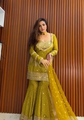 Mustard Embroidered Silk Kurta Set