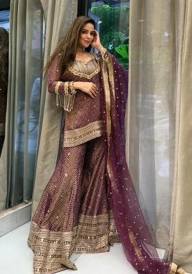 Brown Embroidered Silk Kurta Set
