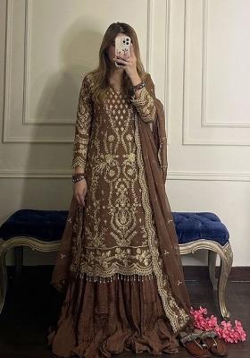 Brown Embroidered Georgette Kurta Set