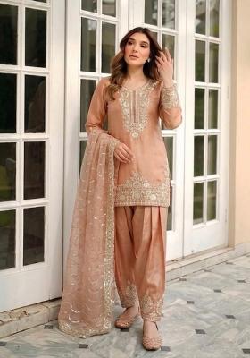 Orange Embroidered Silk Kurta Set