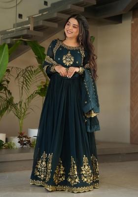 Navy Blue Zari Work Georgette Anarkali With Dupatta