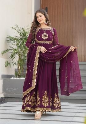 Purple Zari Work Georgette Anarkali With Dupatta
