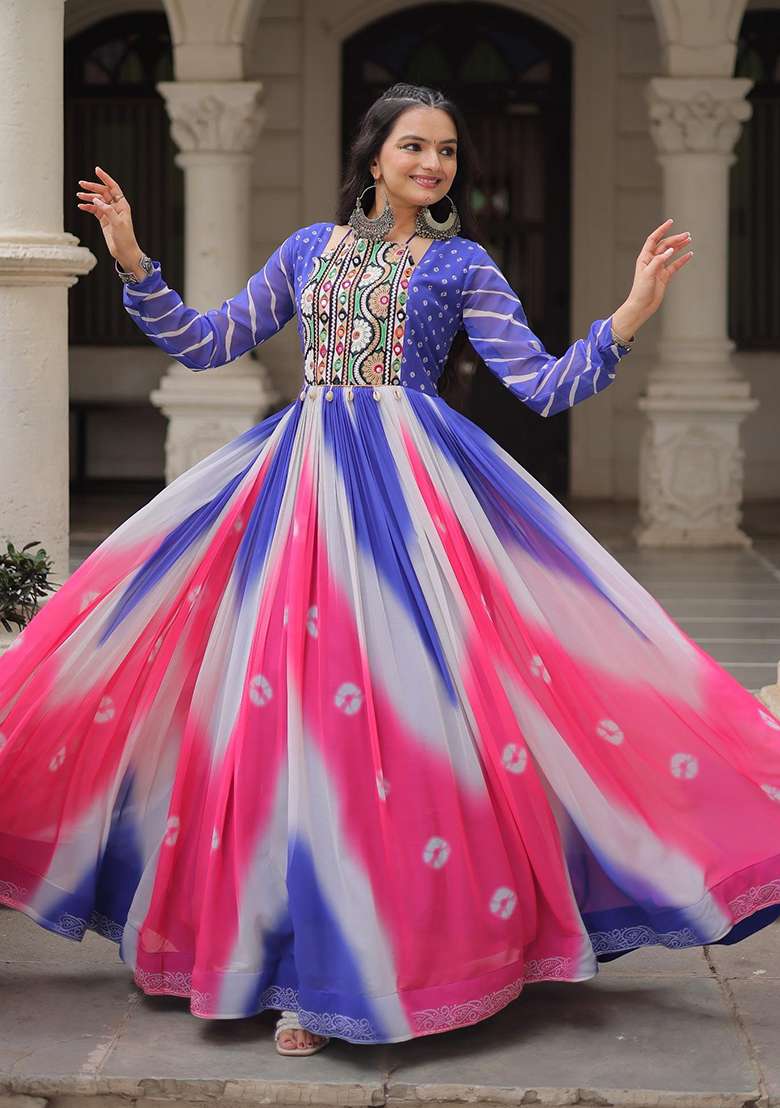 Blue Bandhej Georgette Anarkali - Indya