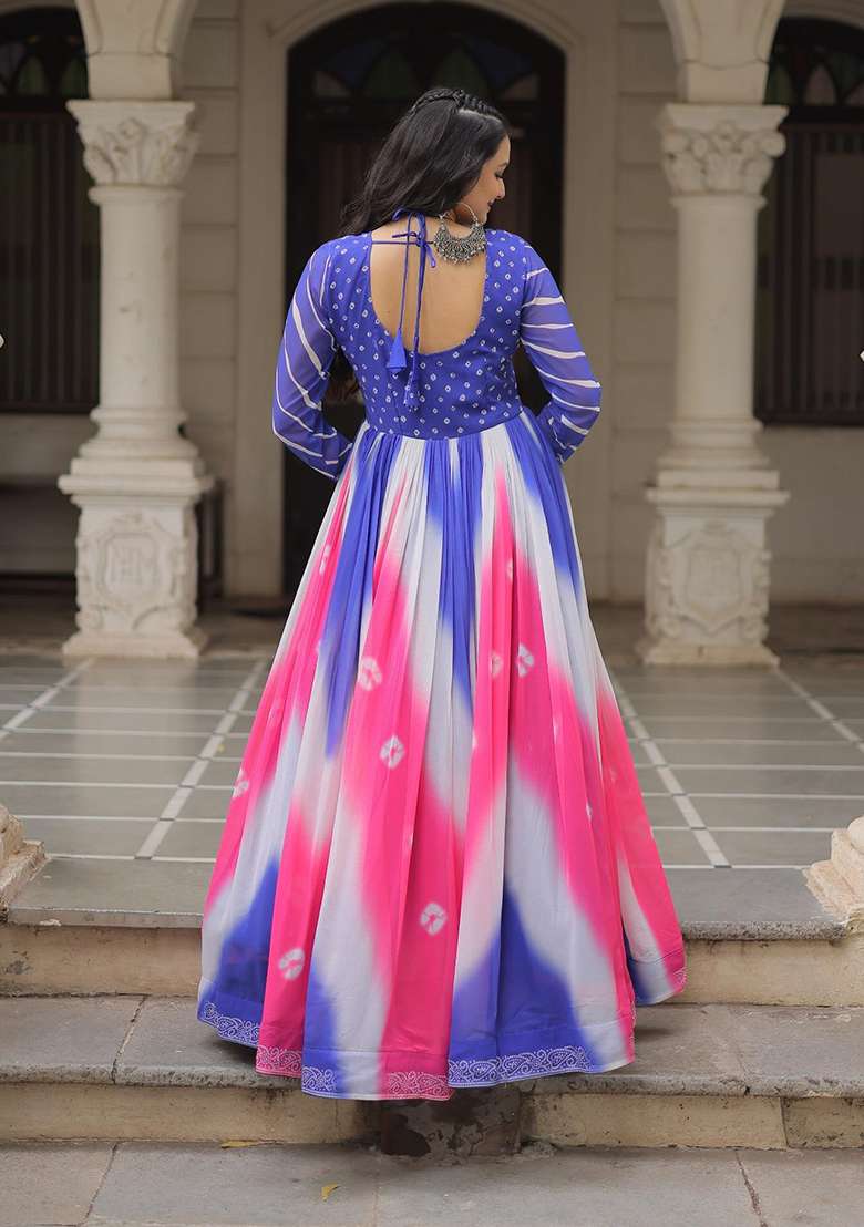 Blue Bandhej Georgette Anarkali - Indya