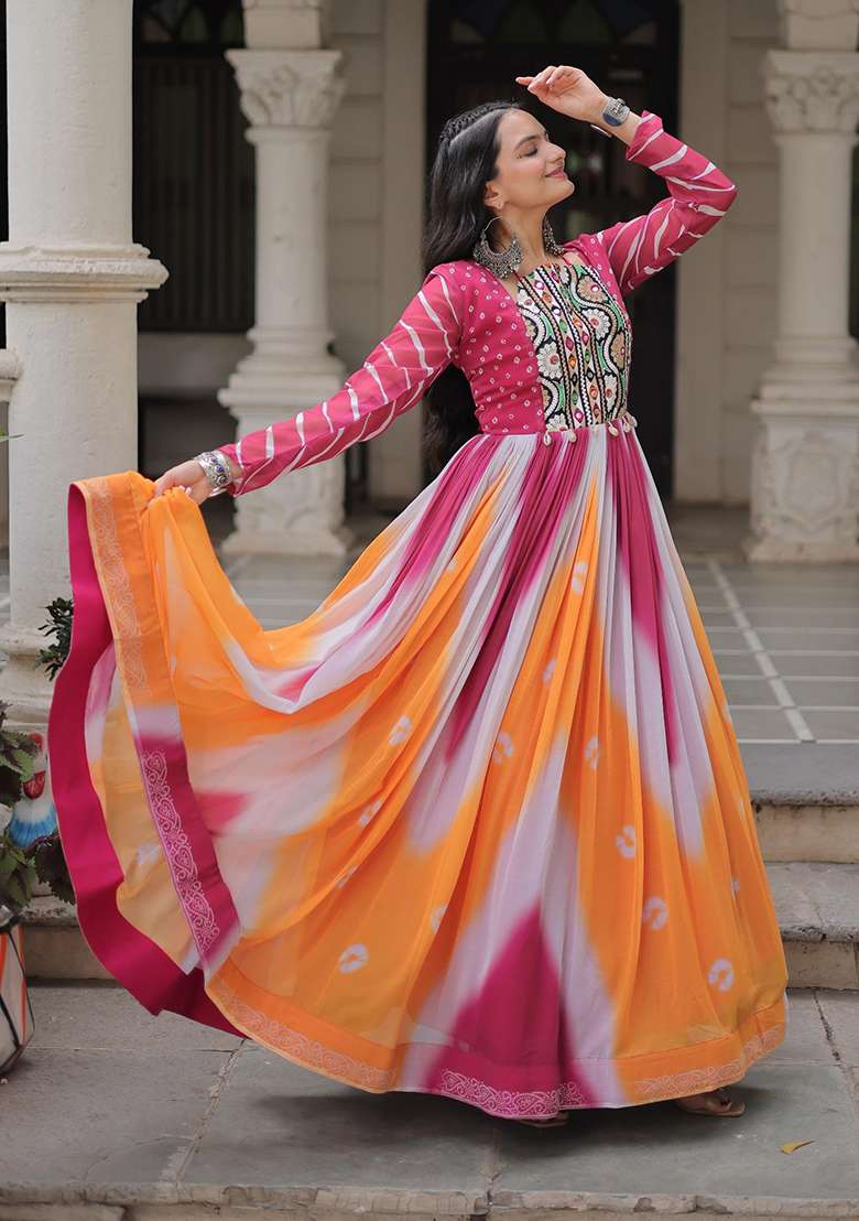 Pink Bandhej Georgette Anarkali - Indya