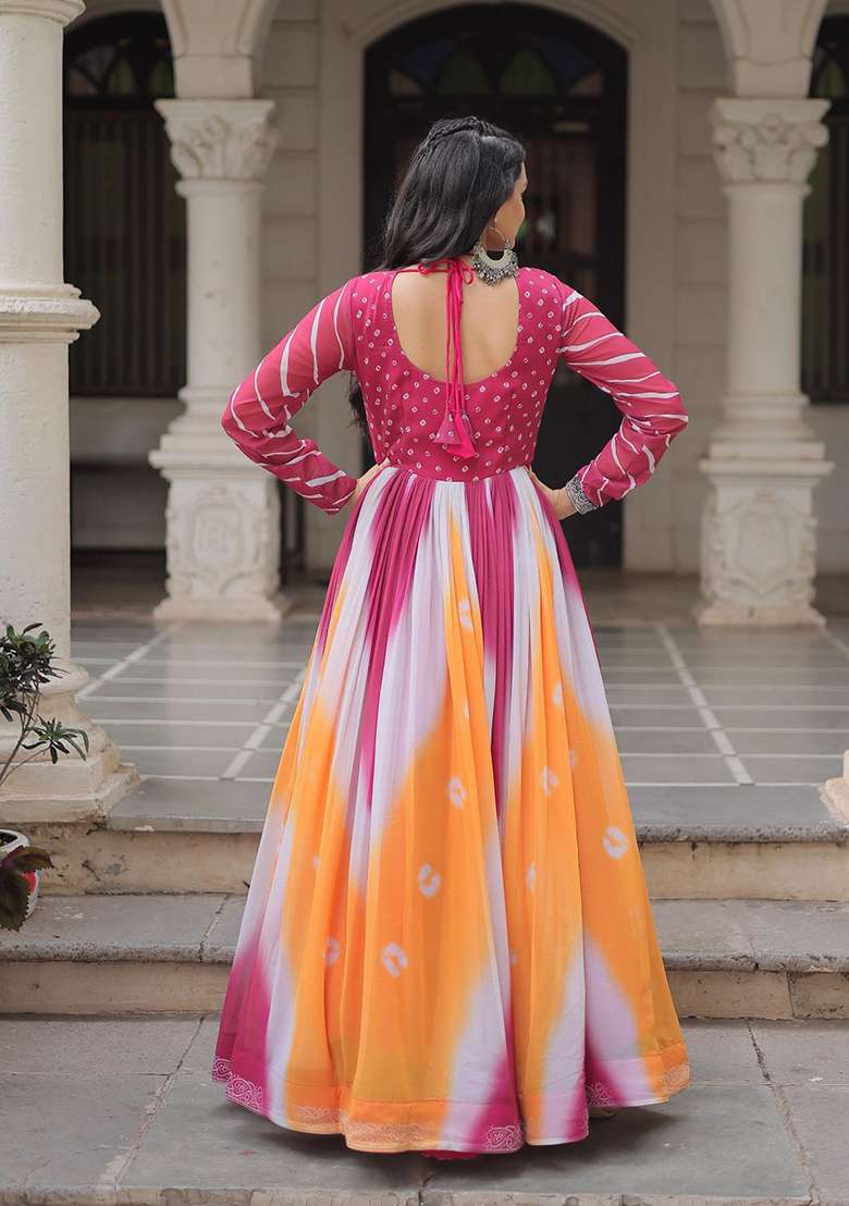Pink Bandhej Georgette Anarkali - Indya