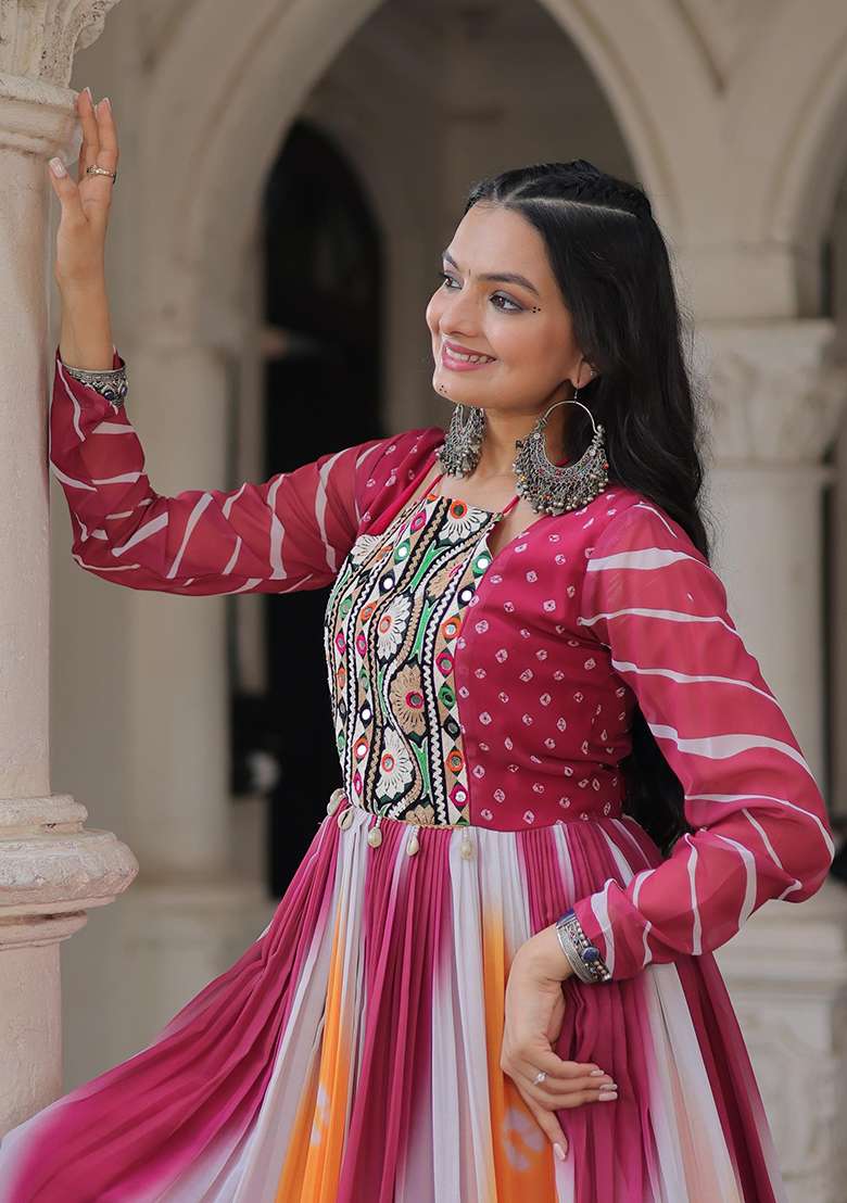 Pink Bandhej Georgette Anarkali - Indya