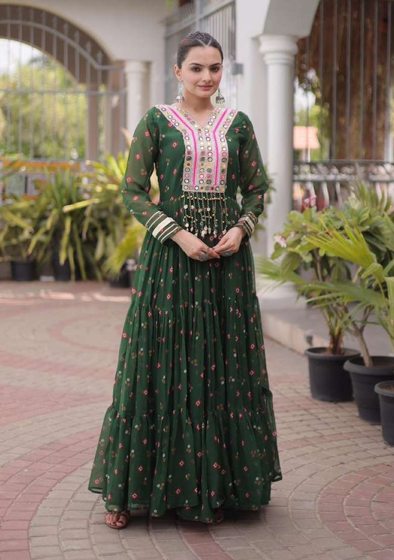 Dark Green Lehariya Georgette Anarkali - Indya