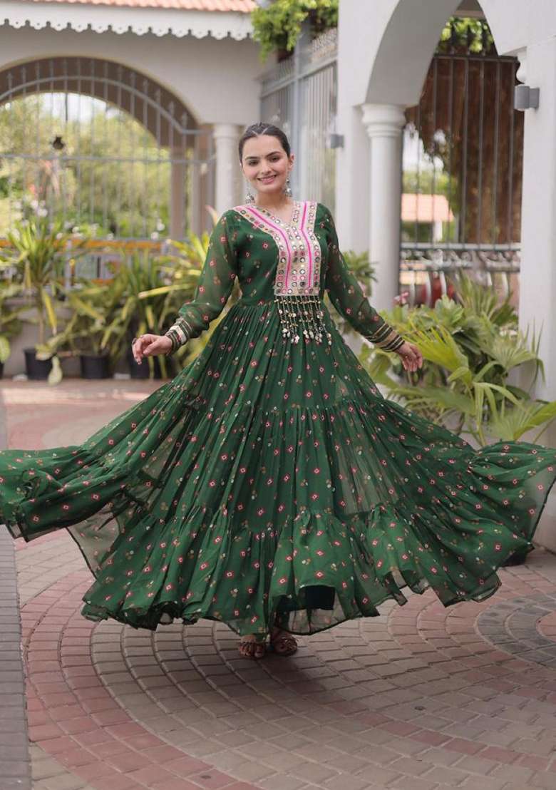 Dark Green Lehariya Georgette Anarkali - Indya
