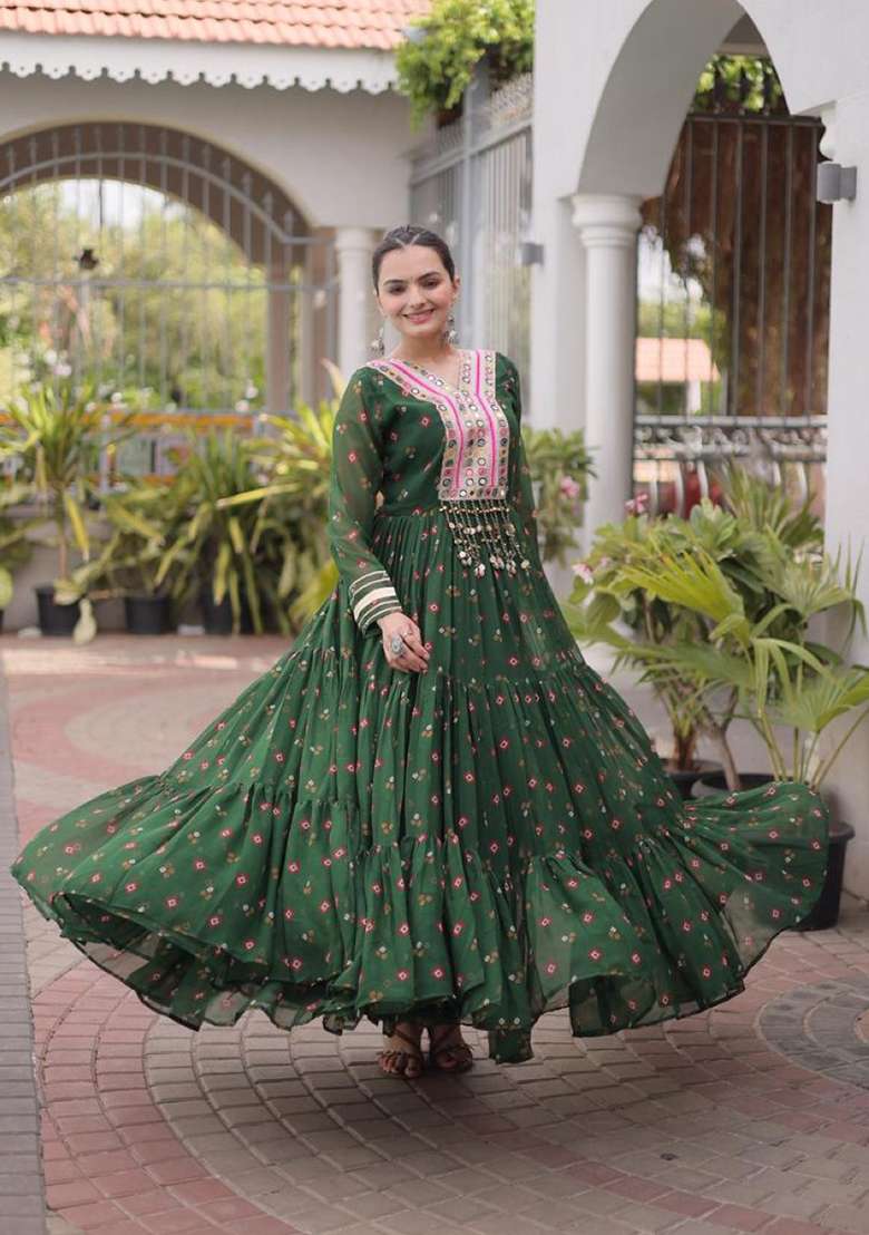 Dark Green Lehariya Georgette Anarkali - Indya