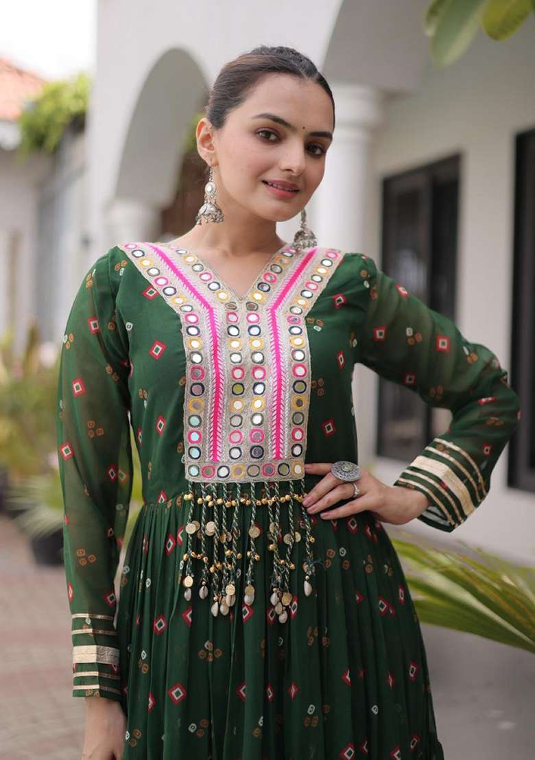 Dark Green Lehariya Georgette Anarkali - Indya