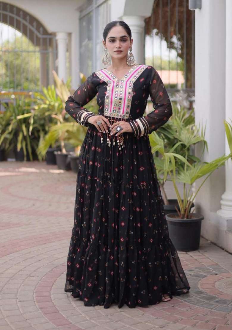 Black Lehariya Georgette Anarkali - Indya