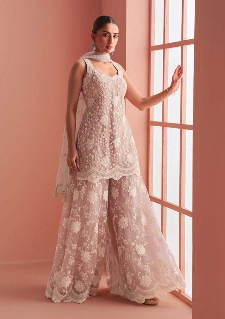 Peach Embroidered Net Kurta Set - Indya