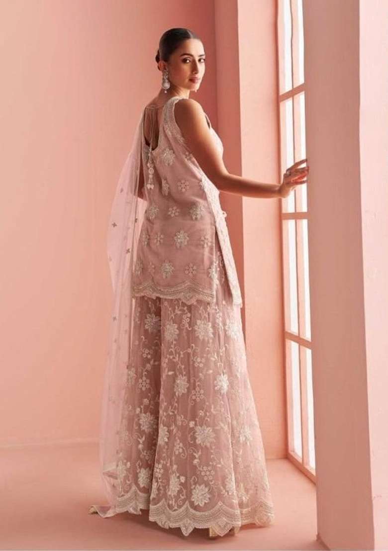 Peach Embroidered Net Kurta Set - Indya