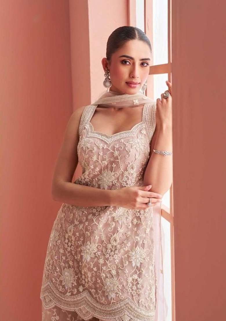 Peach Embroidered Net Kurta Set - Indya
