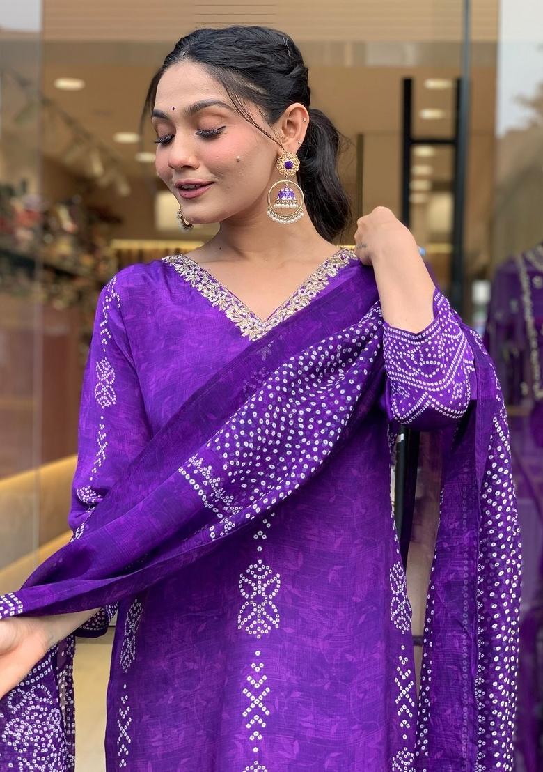 Purple Sequin Work Crepe Kurta Set - Indya
