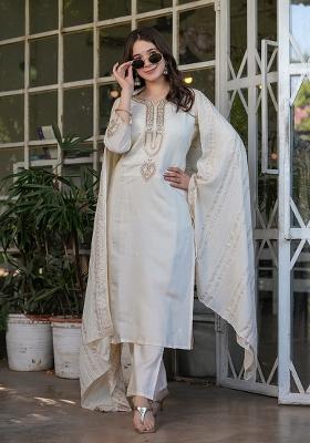 White Sequin Work Viscose Kurta Set