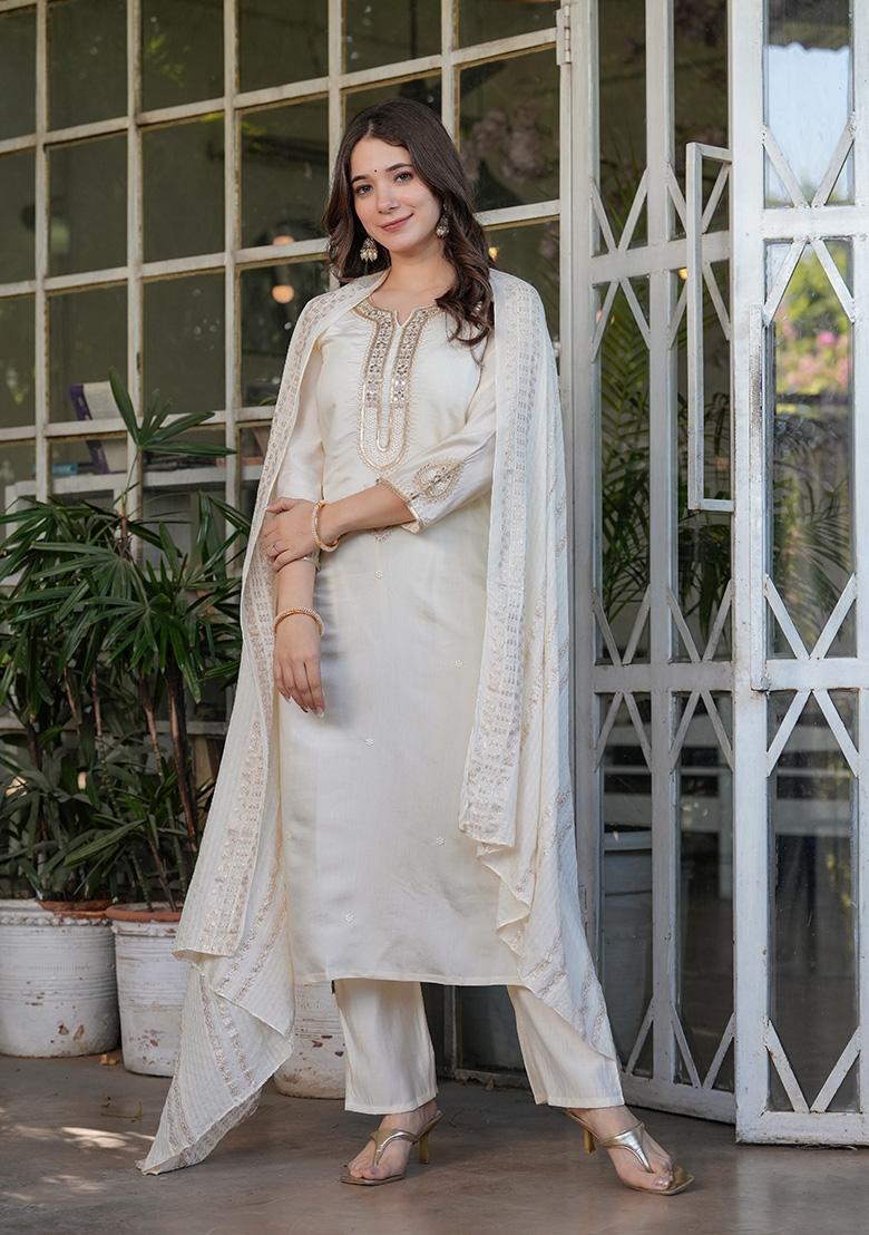 White Sequin Work Viscose Kurta Set - Indya
