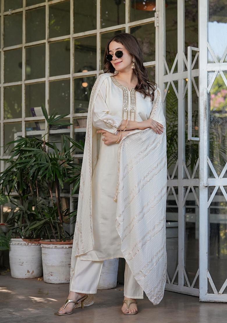 White Sequin Work Viscose Kurta Set - Indya