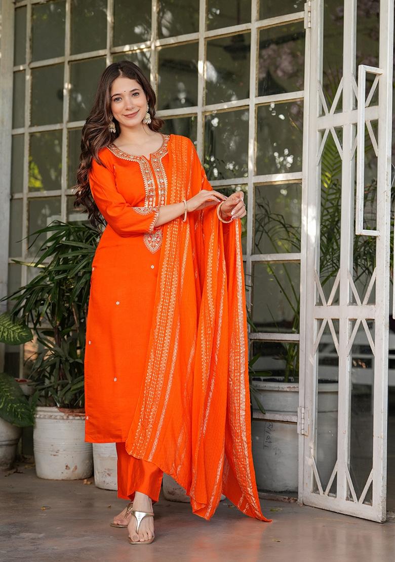 Orange Sequin Work Viscose Kurta Set - Indya